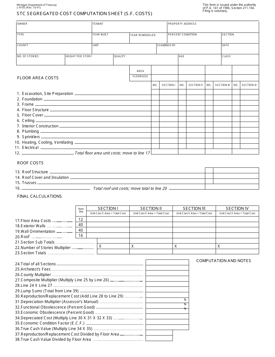Form L-4105 Stc Segregated Cost Computation Sheet (S.f. Costs) - Michigan, Page 1