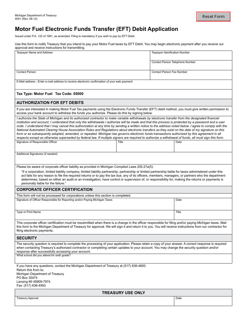 Form 4041 Motor Fuel Electronic Funds Transfer (Eft) Debit Application - Michigan, Page 1