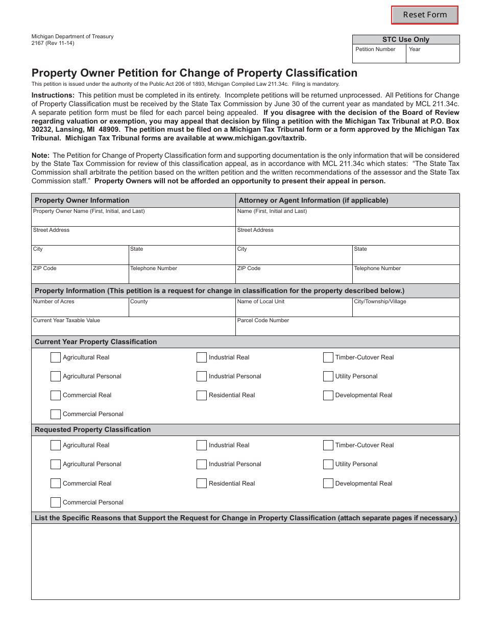 Form 2167 Property Owner Petition for Change of Property Classification - Michigan, Page 1