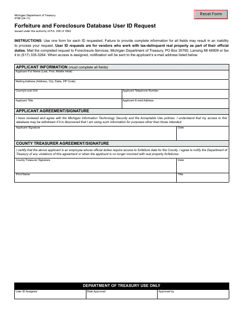 Form 4796 Forfeiture and Foreclosure Database User Id Request - Michigan