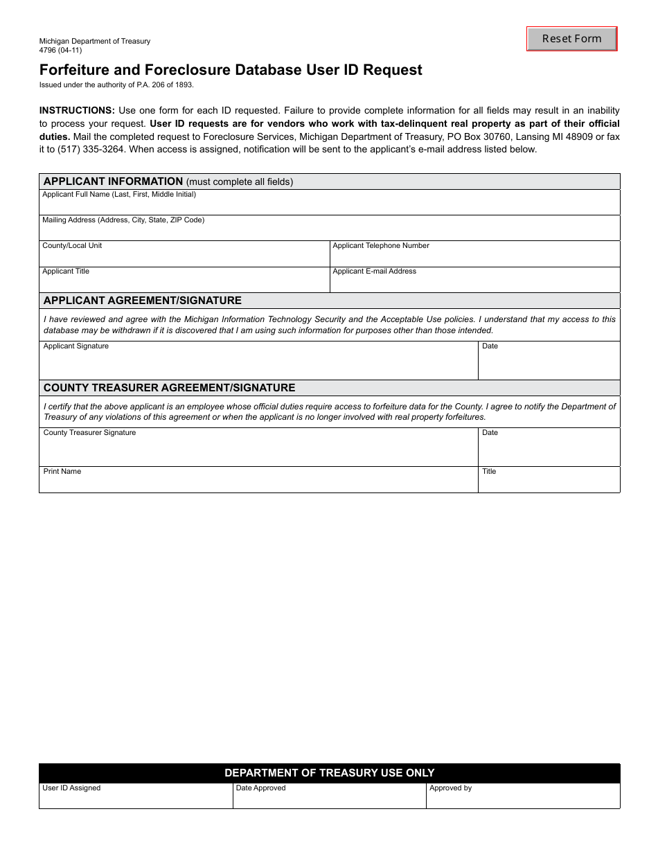 Form 4796 Forfeiture and Foreclosure Database User Id Request - Michigan, Page 1