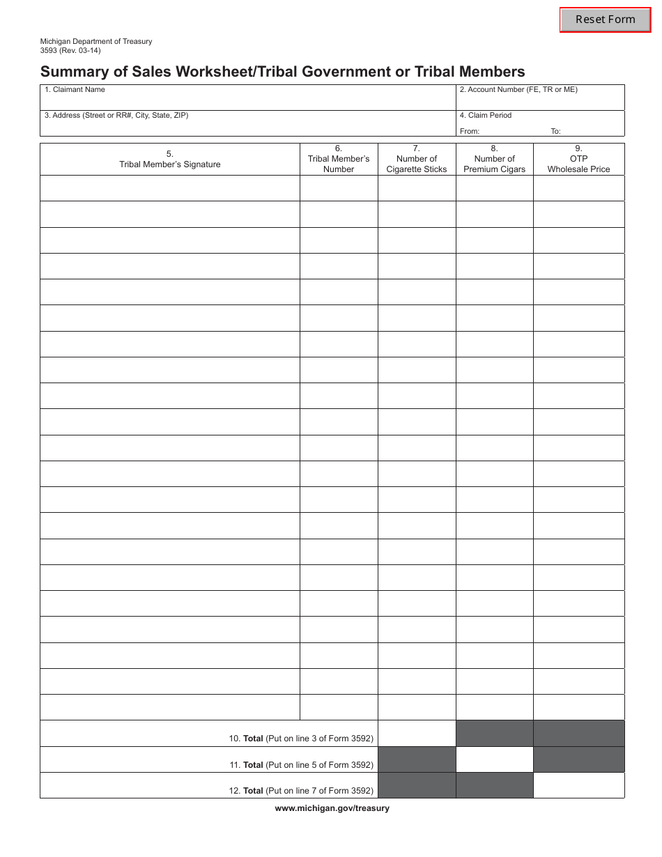 Form 3593 Summary of Sales Worksheet / Tribal Government or Tribal Members - Michigan, Page 1