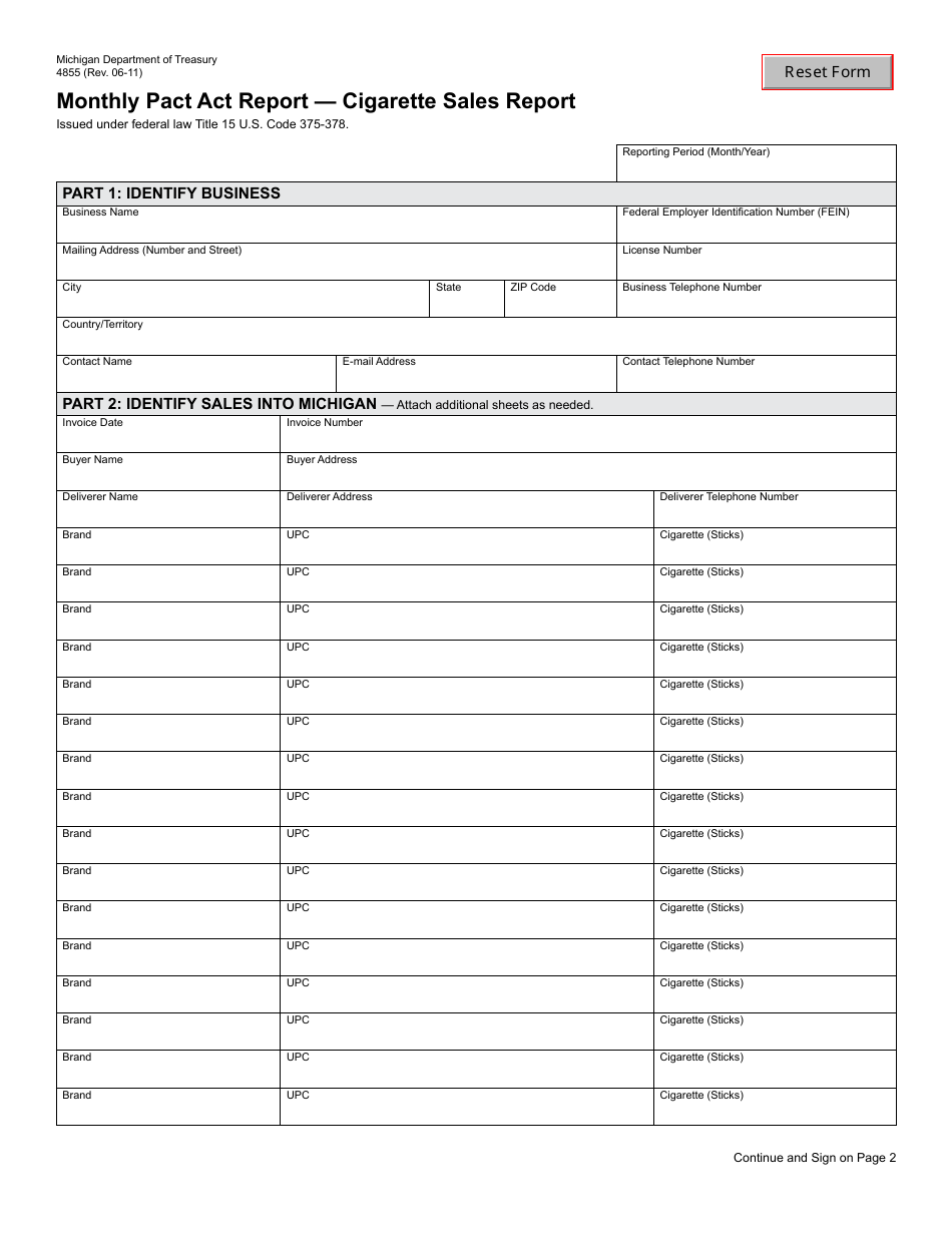 Form 4855 Monthly Pact Act Report - Cigarette Sales Report - Michigan, Page 1