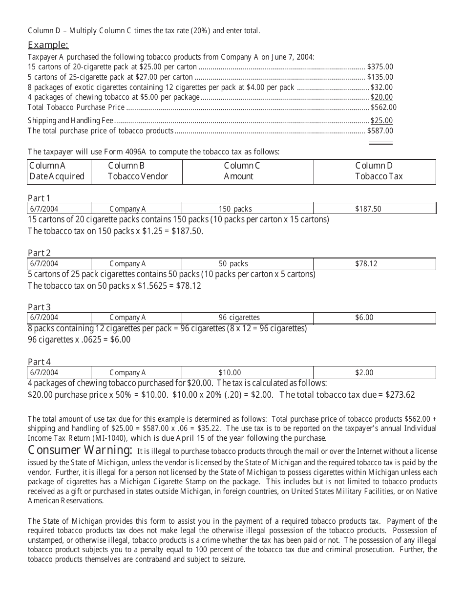 Form 4096A Michigan Tobacco Products Tax Return - Michigan, Page 3