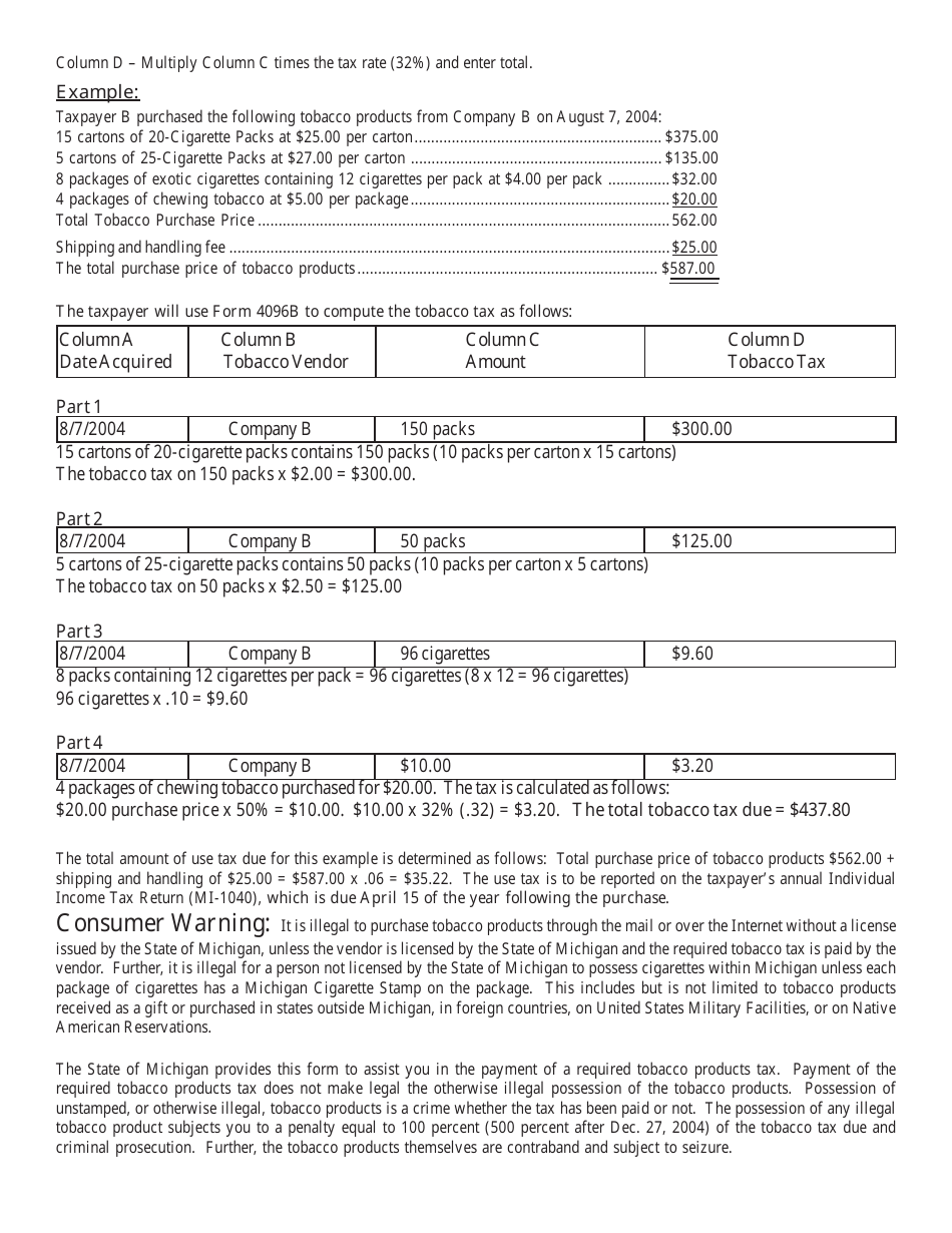 Form 4096B Michigan Tobacco Products Tax Return - Michigan, Page 3