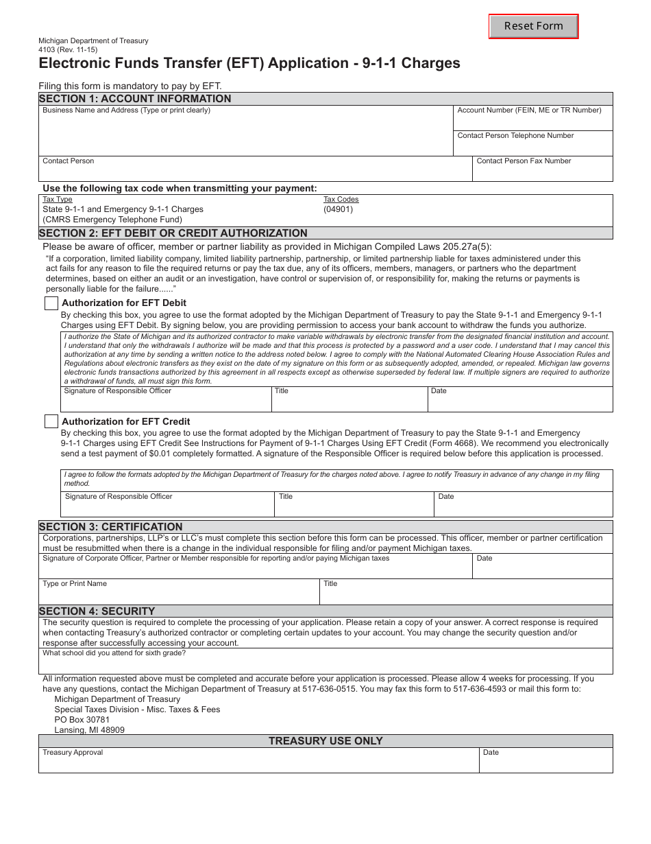 Form 4103 Electronic Funds Transfer (Eft) Application - 9-1-1 Charges - Michigan, Page 1