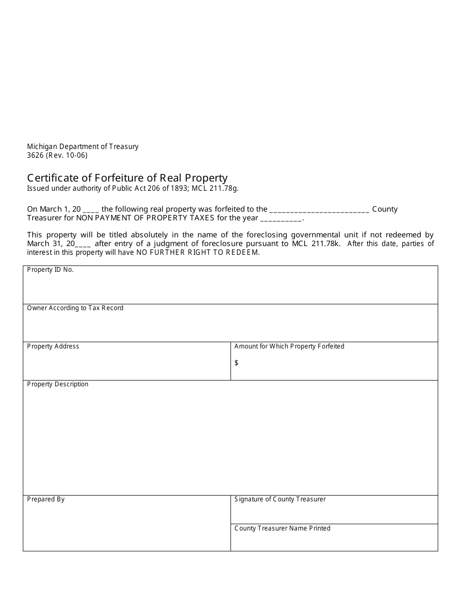 Form 3626 Certificate of Forfeiture of Real Property - Michigan, Page 1