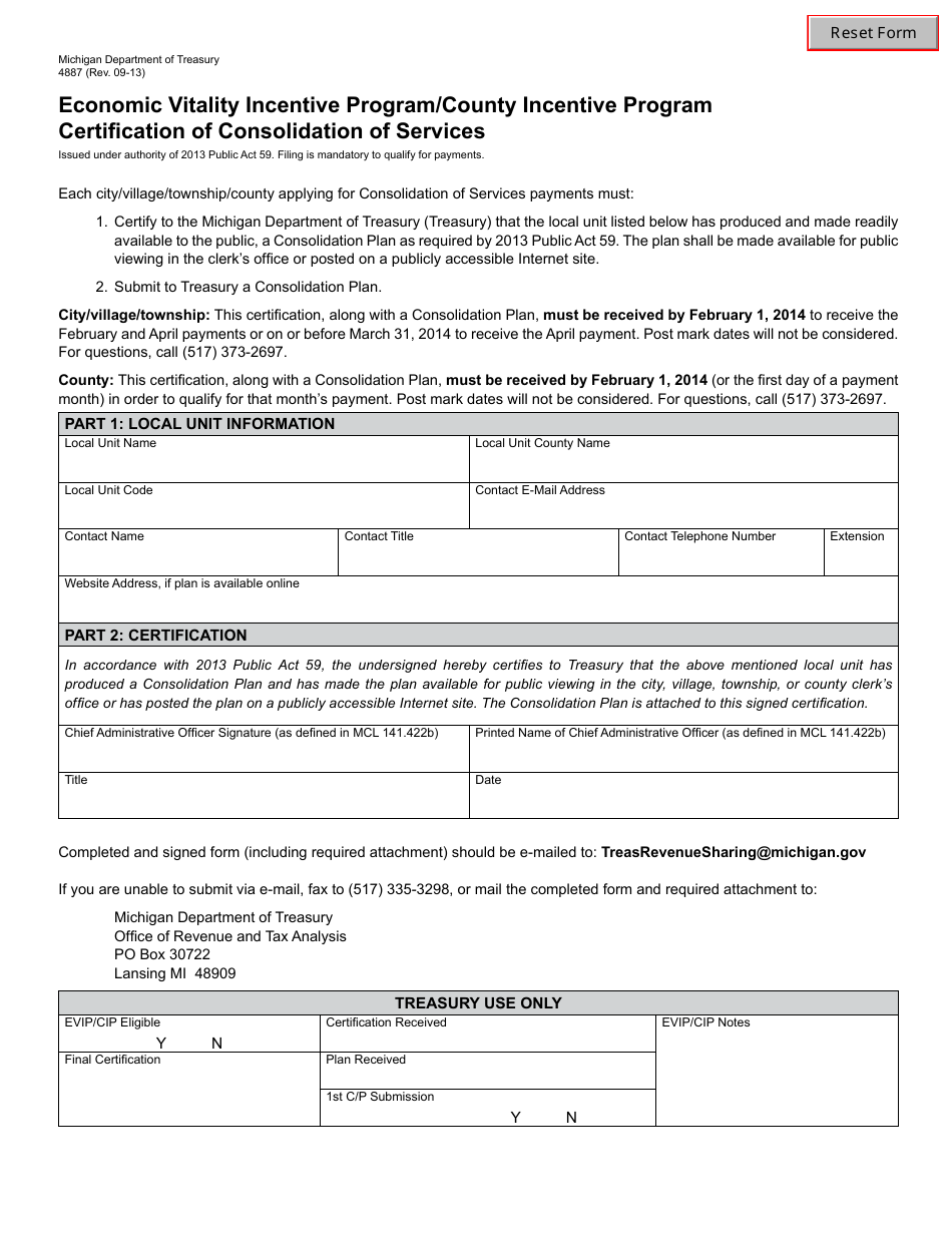 Form 4887 Economic Vitality Incentive Program / County Incentive Program Certification of Consolidation of Services - Michigan, Page 1