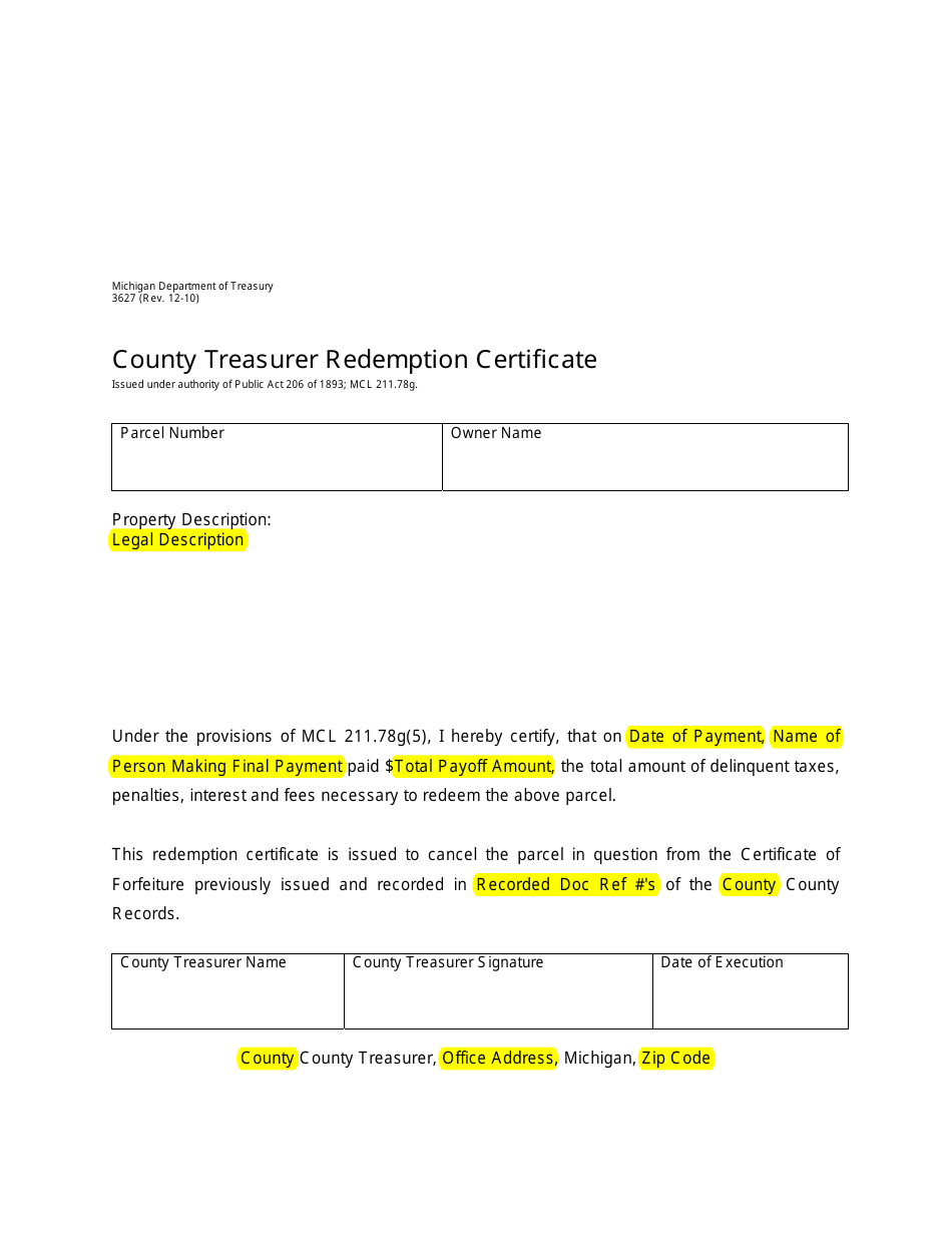 Sample Form 3627 County Treasurer Redemption Certificate - Michigan, Page 1