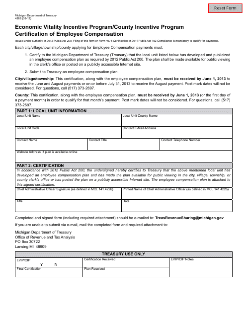 Form 4888 Economic Vitality Incentive Program (Evip) Certification of Employee Compensation - Michigan