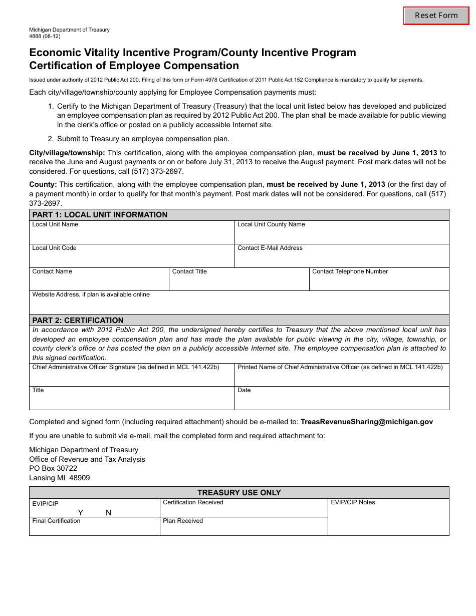 Form 4888 Economic Vitality Incentive Program (Evip) Certification of Employee Compensation - Michigan, Page 1