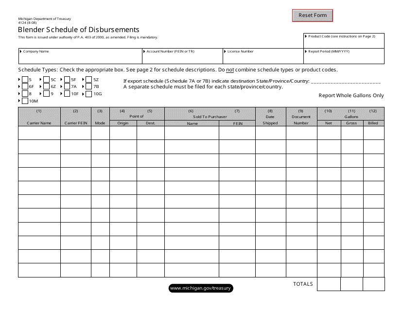 Form 4124 Blender Schedule of Disbursements - Michigan