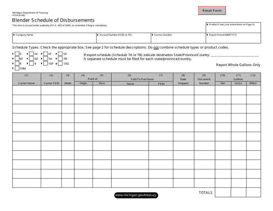 Form 4124 Blender Schedule of Disbursements - Michigan, Page 1