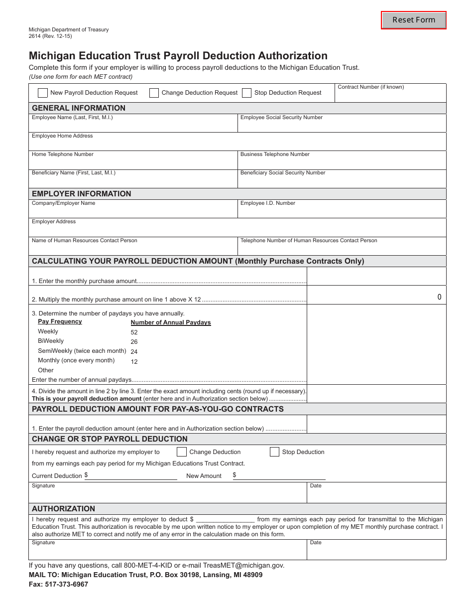 Form 2614 Michigan Education Trust Payroll Deduction Authorization - Michigan, Page 1