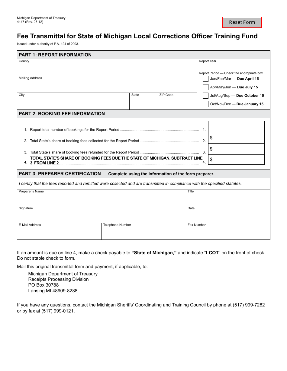 Form 4147 Fee Transmittal for Local Corrections Officer Training Fund - Michigan, Page 1