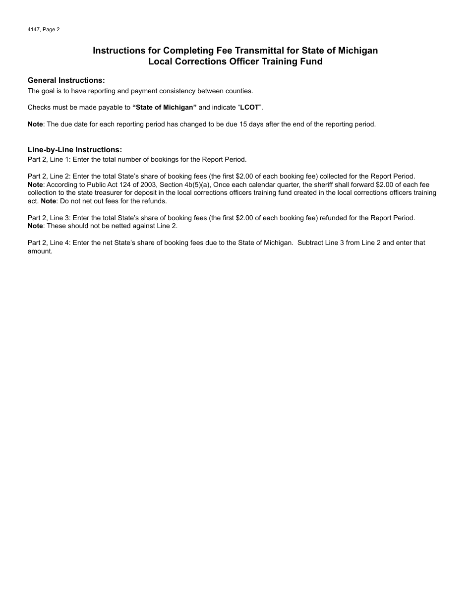 Form 4147 Fee Transmittal for Local Corrections Officer Training Fund - Michigan, Page 2
