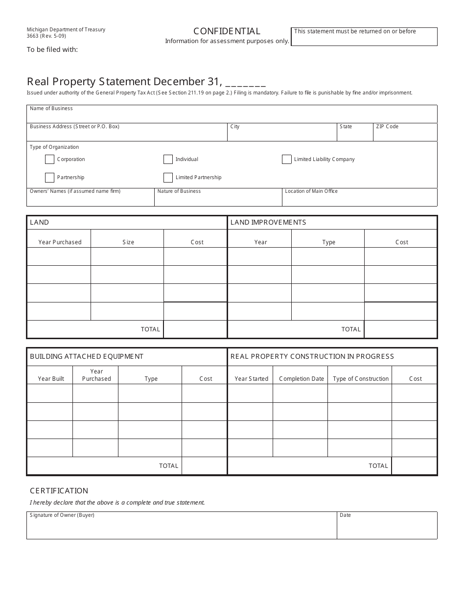 Form 3663 Real Property Statement - Michigan, Page 1