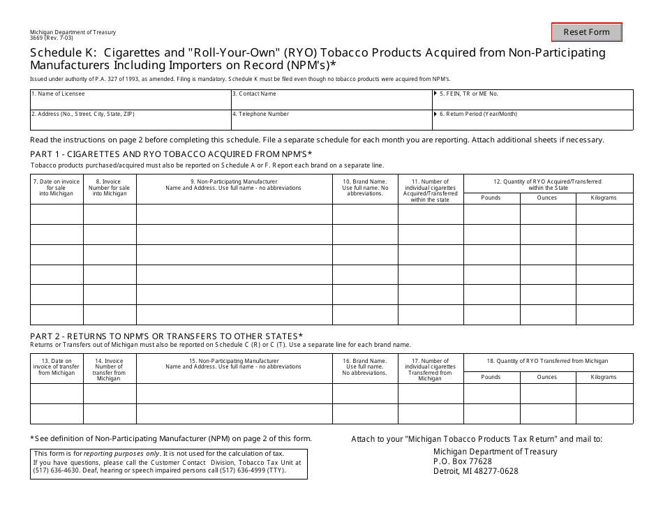 Form 3669 Schedule K Cigarettes and roll-Your-Own (Ryo) Tobacco Products Acquired From Non-participating Manufacturers Including Importers on Record (Npms) - Michigan, Page 1