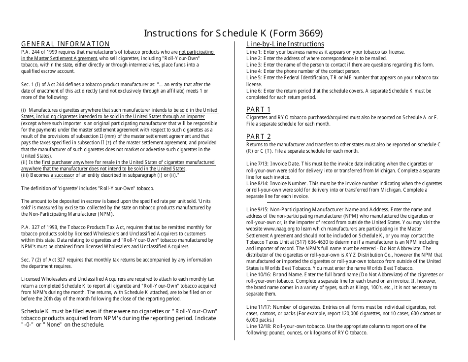 Form 3669 Schedule K Cigarettes and roll-Your-Own (Ryo) Tobacco Products Acquired From Non-participating Manufacturers Including Importers on Record (Npms) - Michigan, Page 2