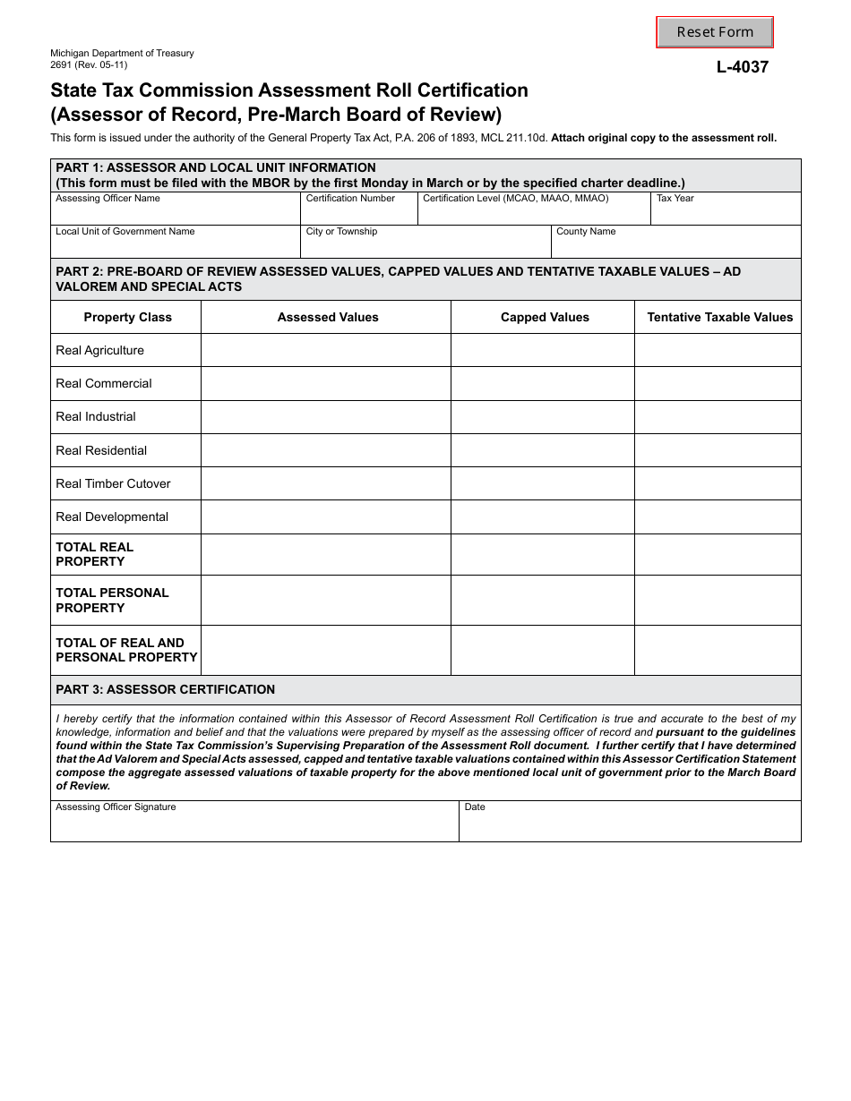 Form 2691 (L-4037) State Tax Commission Assessment Roll Certification - Michigan, Page 1
