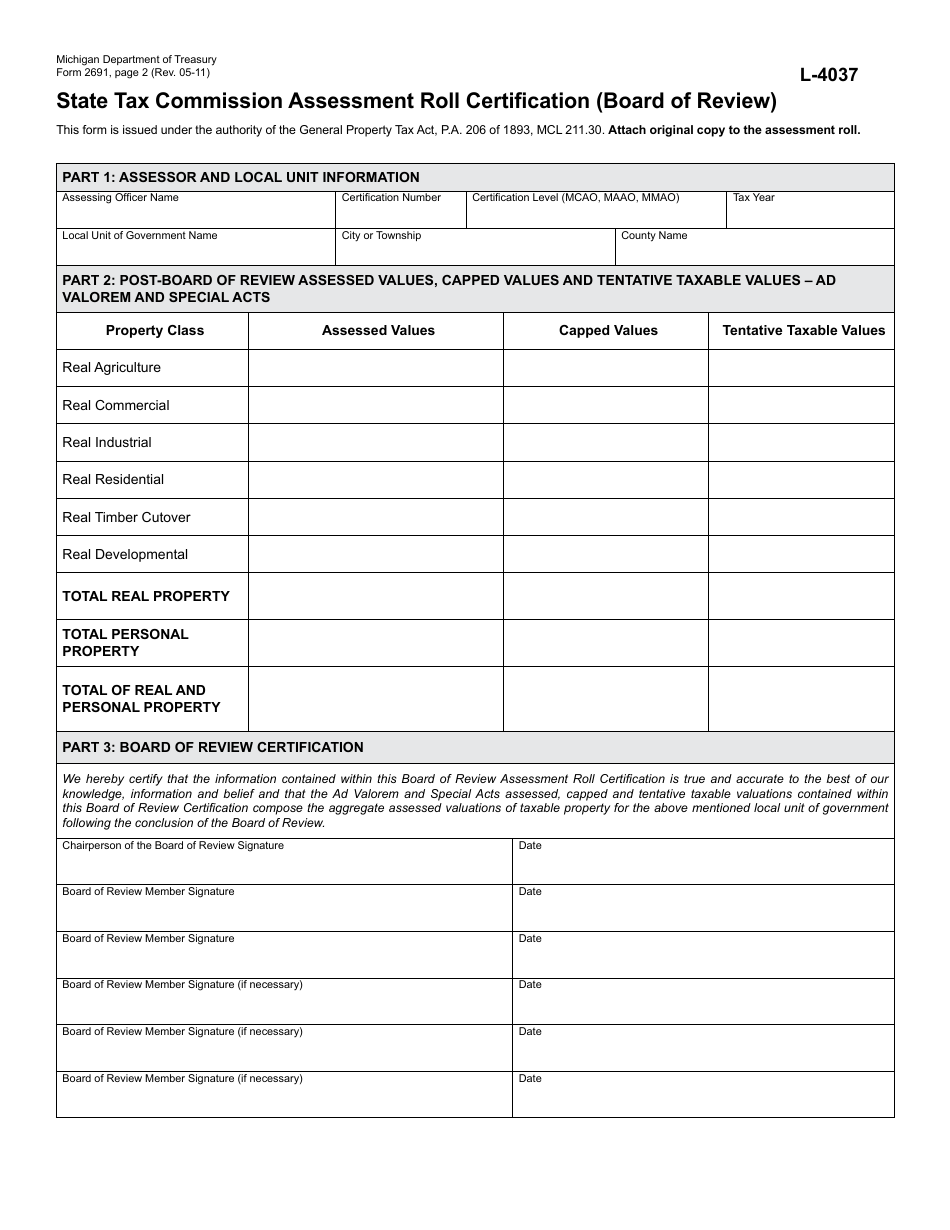 Form 2691 (L-4037) State Tax Commission Assessment Roll Certification - Michigan, Page 2