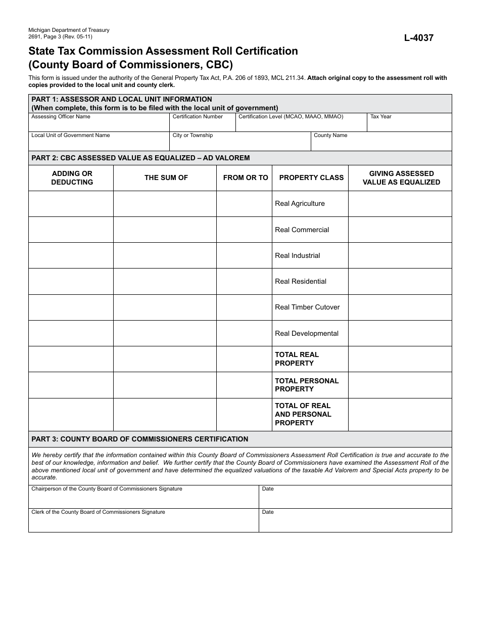 Form 2691 (L-4037) State Tax Commission Assessment Roll Certification - Michigan, Page 3