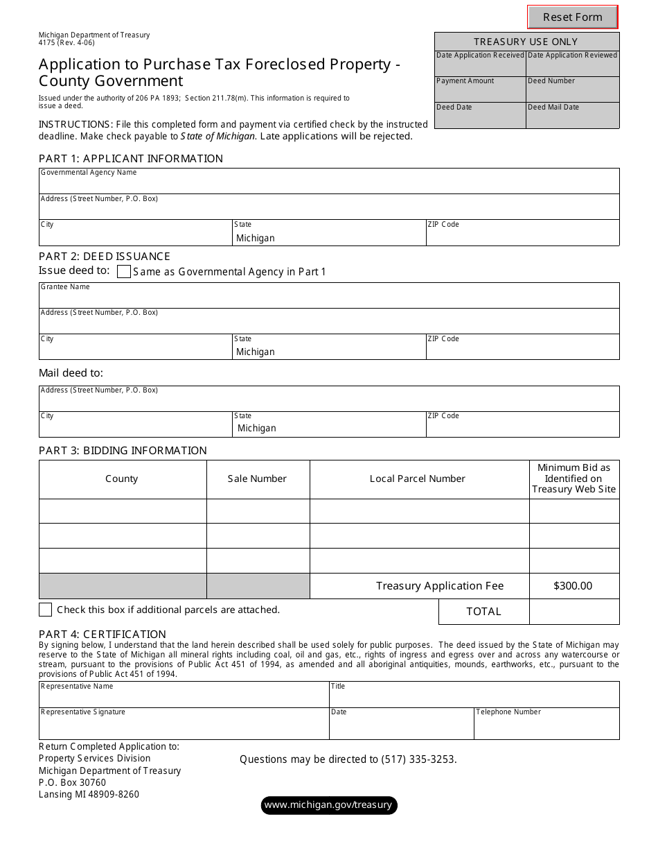 Form 4175 Application to Purchase Tax Foreclosed Property - County Government - Michigan, Page 1