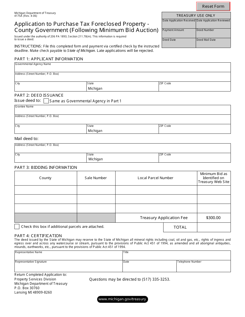 Form 4175A Application to Purchase Tax Foreclosed Property - County Government (Following Minimum Bid Auction) - Michigan, Page 1