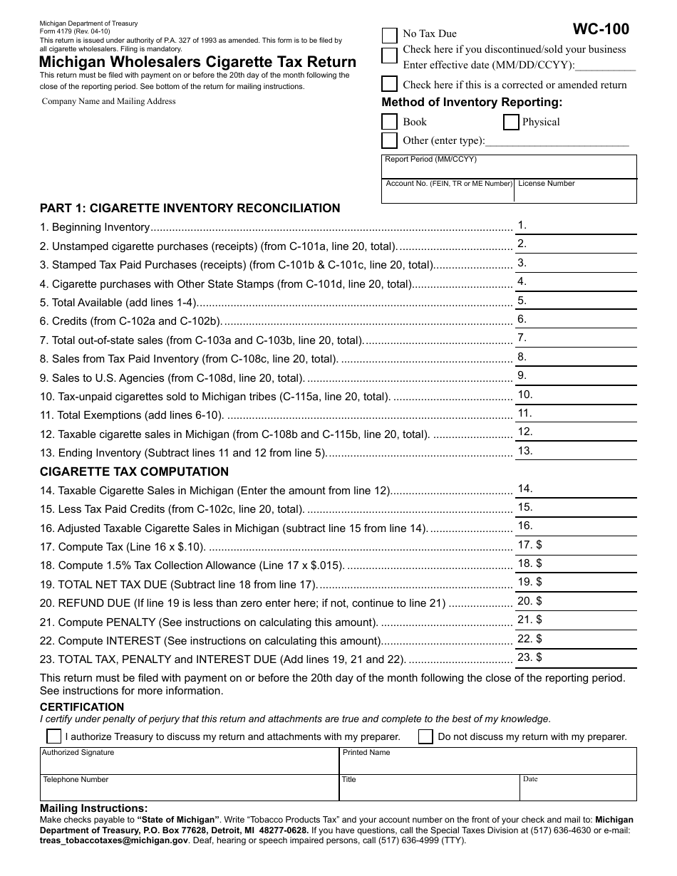 Form 4179 (WC-100) Michigan Wholesalers Cigarette Tax Return - Michigan, Page 1