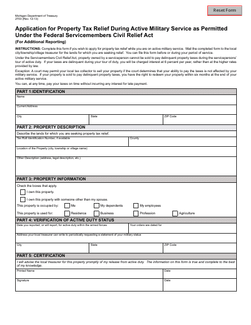 Form 2700 Application for Property Tax Relief During Active Military Service as Permitted Under the Federal Service Members Civil Relief Act - Michigan