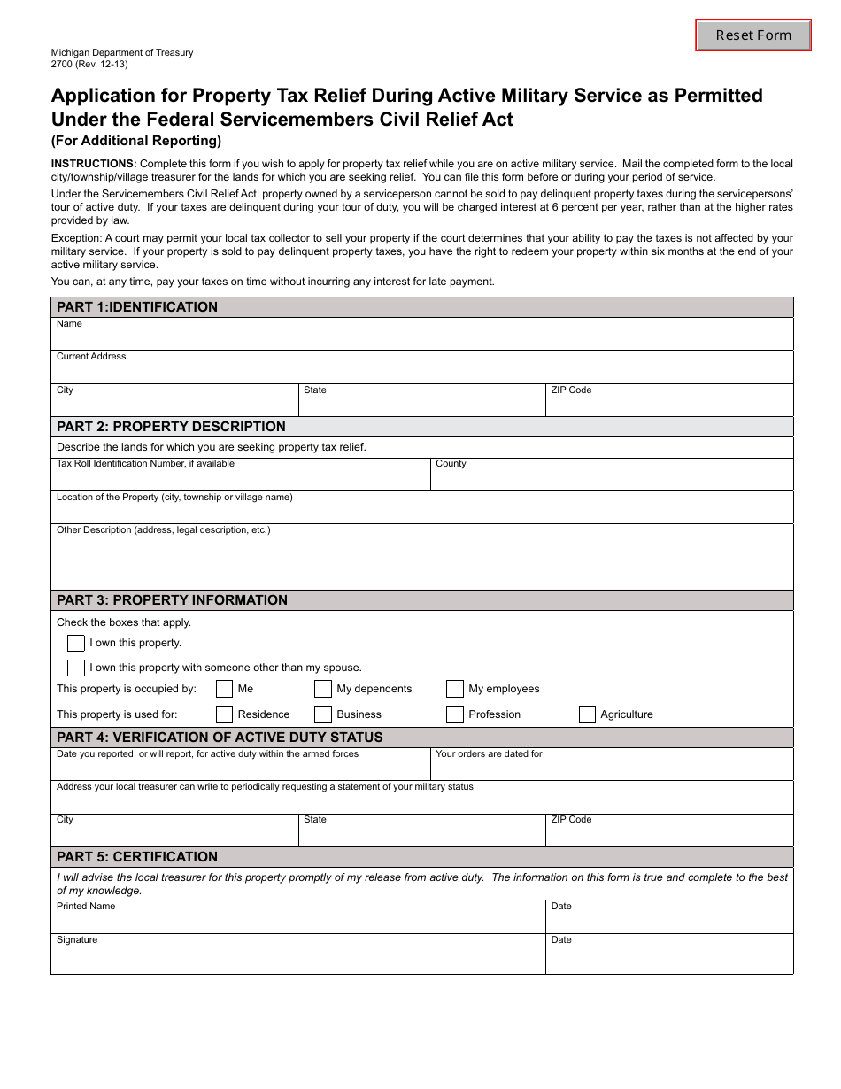 Form 2700 Application for Property Tax Relief During Active Military Service as Permitted Under the Federal Service Members Civil Relief Act - Michigan, Page 1