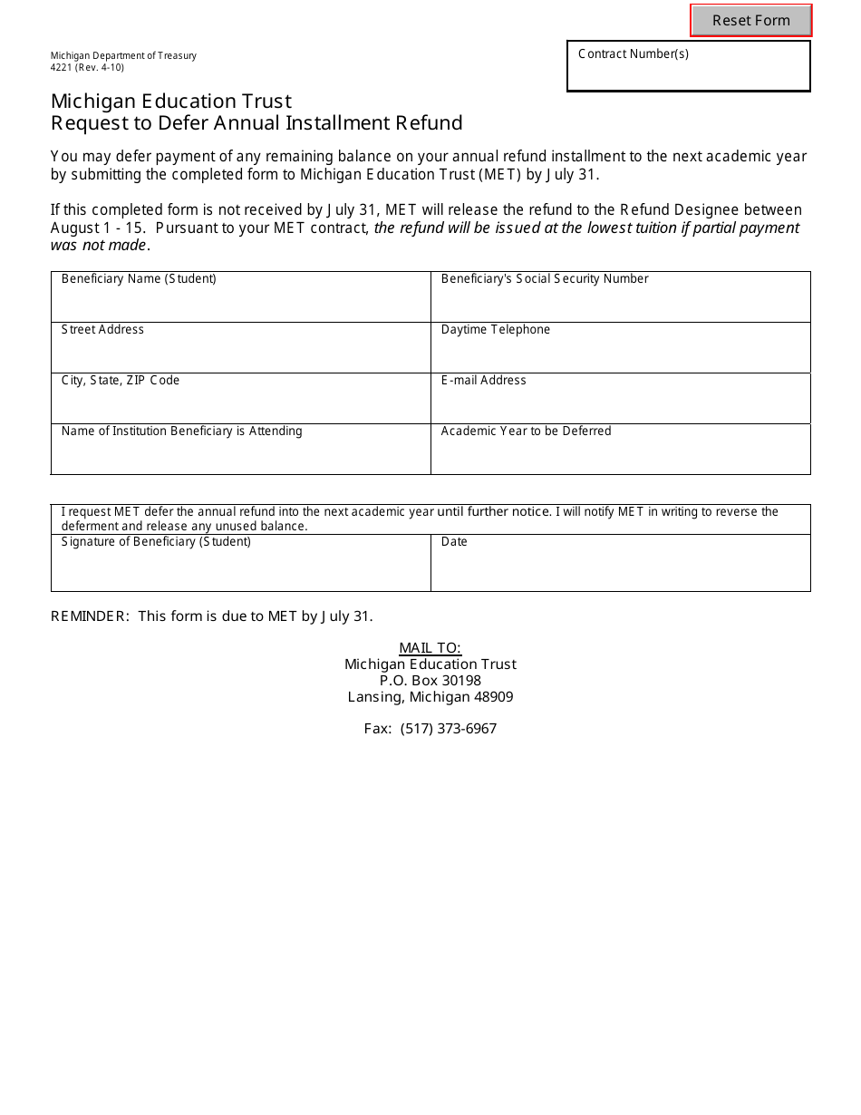 Form 4221 Michigan Education Trust Request to Defer Annual Installment Refund - Michigan, Page 1