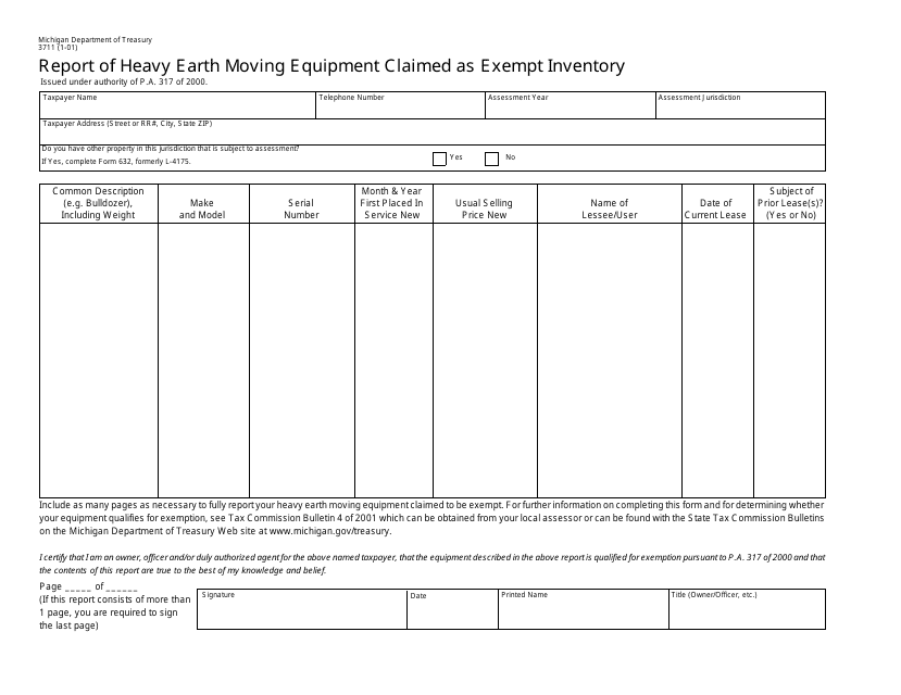 Form 3711 Report of Heavy Earth Moving Equipment Claimed as Exempt Inventory - Michigan