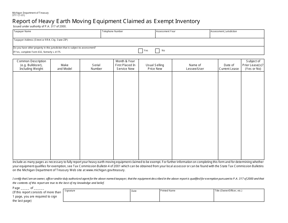 Form 3711 Report of Heavy Earth Moving Equipment Claimed as Exempt Inventory - Michigan, Page 1