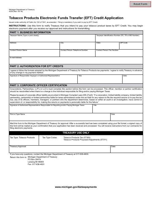 Form 4239 Tobacco Products Electronic Funds Transfer (Eft) Credit Application - Michigan