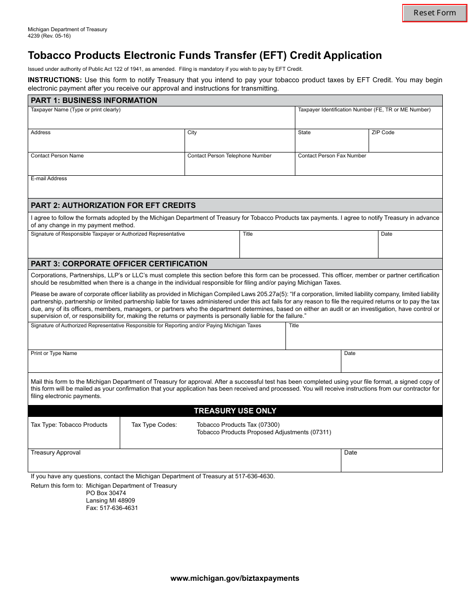 Form 4239 Tobacco Products Electronic Funds Transfer (Eft) Credit Application - Michigan, Page 1