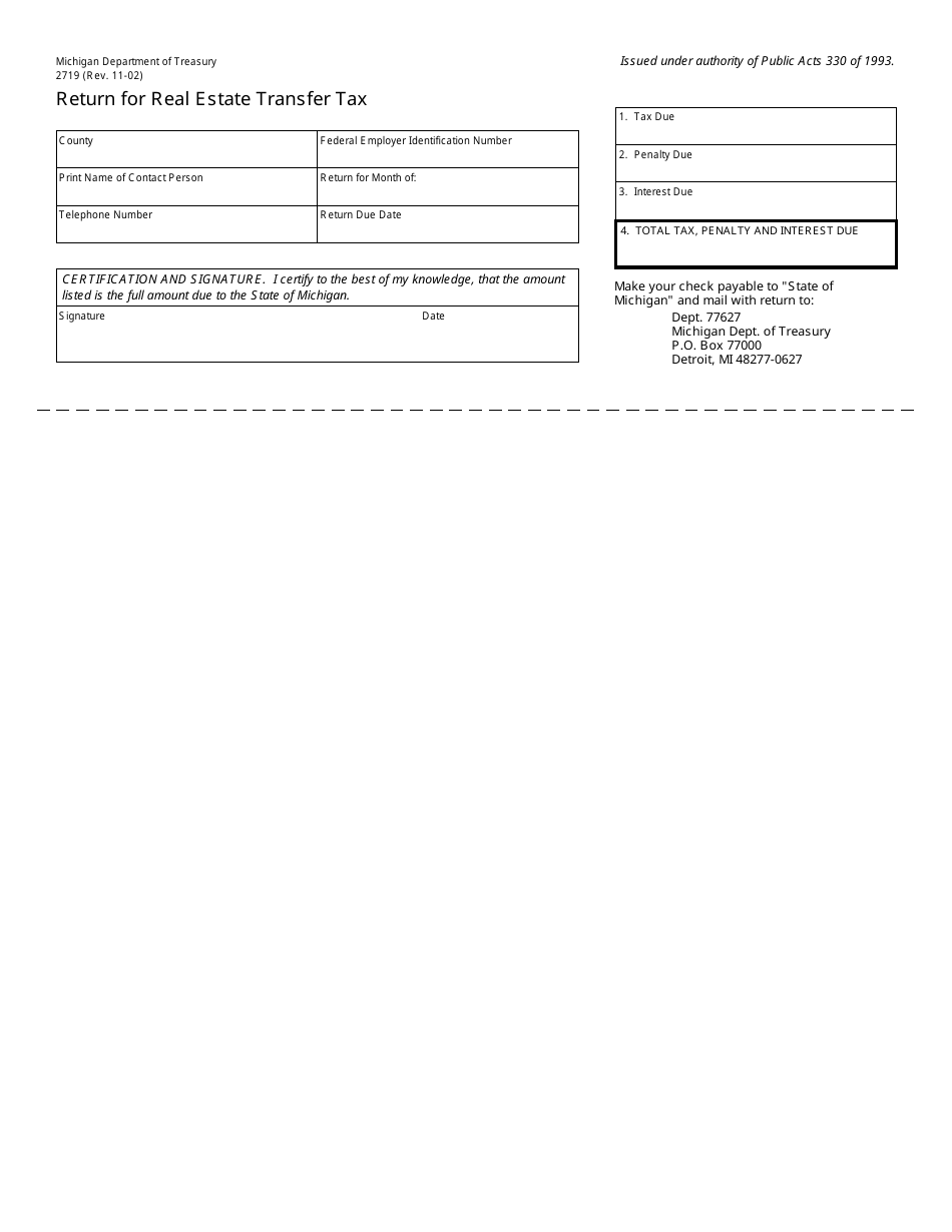 Form 2719 Return for Real Estate Transfer Tax - Michigan, Page 1