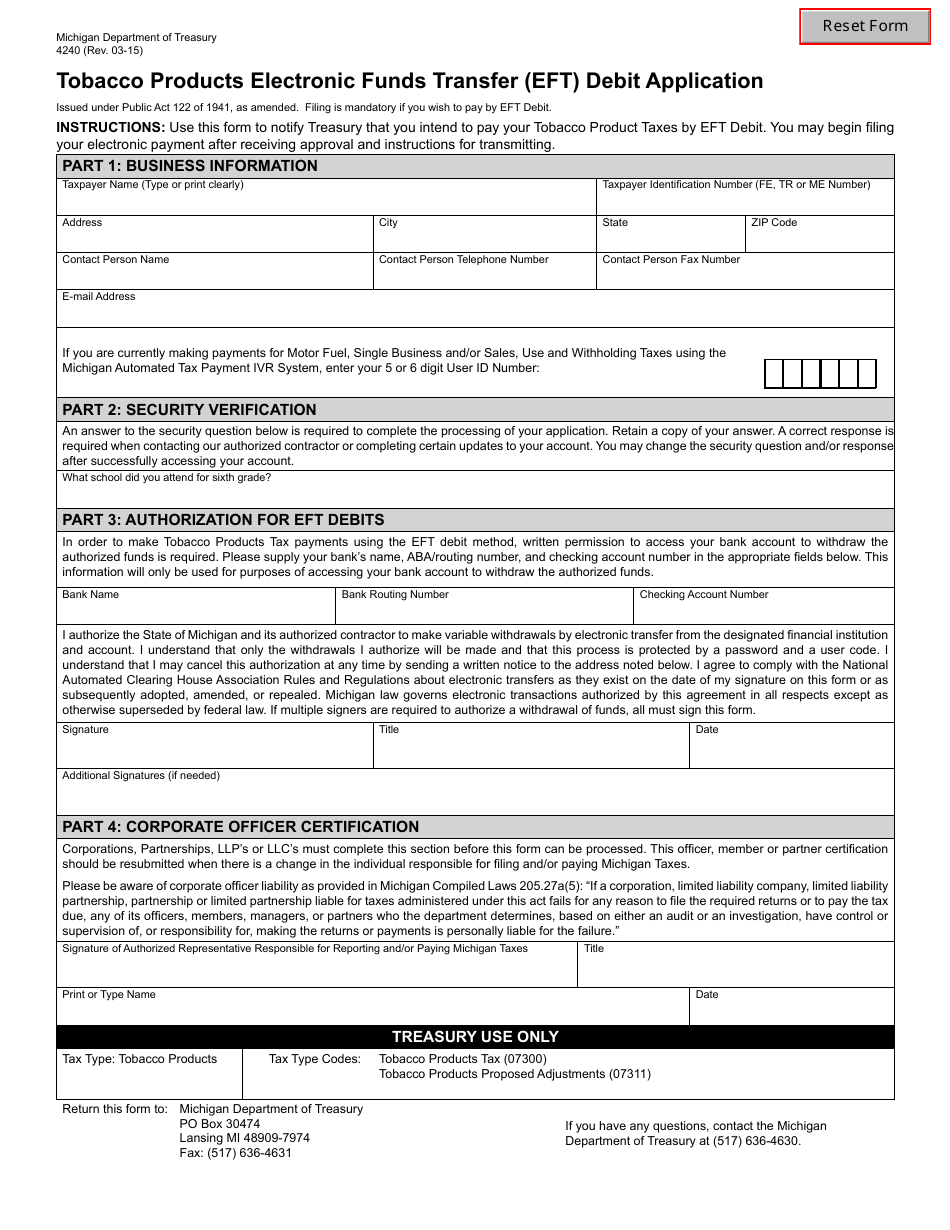 Form 4240 Download Fillable Pdf Or Fill Online Tobacco Products Electronic Funds Transfer Eft Debit Application Michigan Templateroller