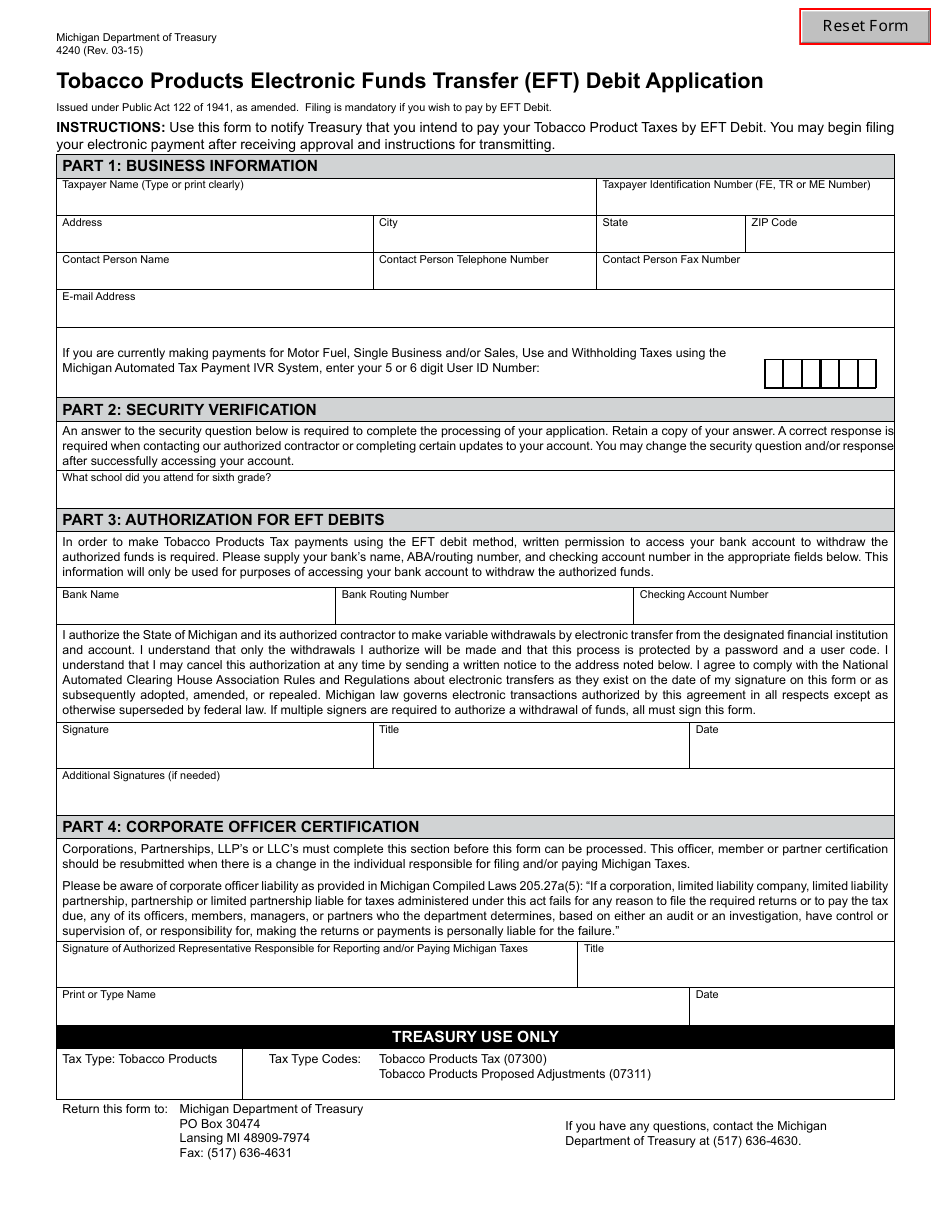 Form 4240 Tobacco Products Electronic Funds Transfer (Eft) Debit Application - Michigan, Page 1