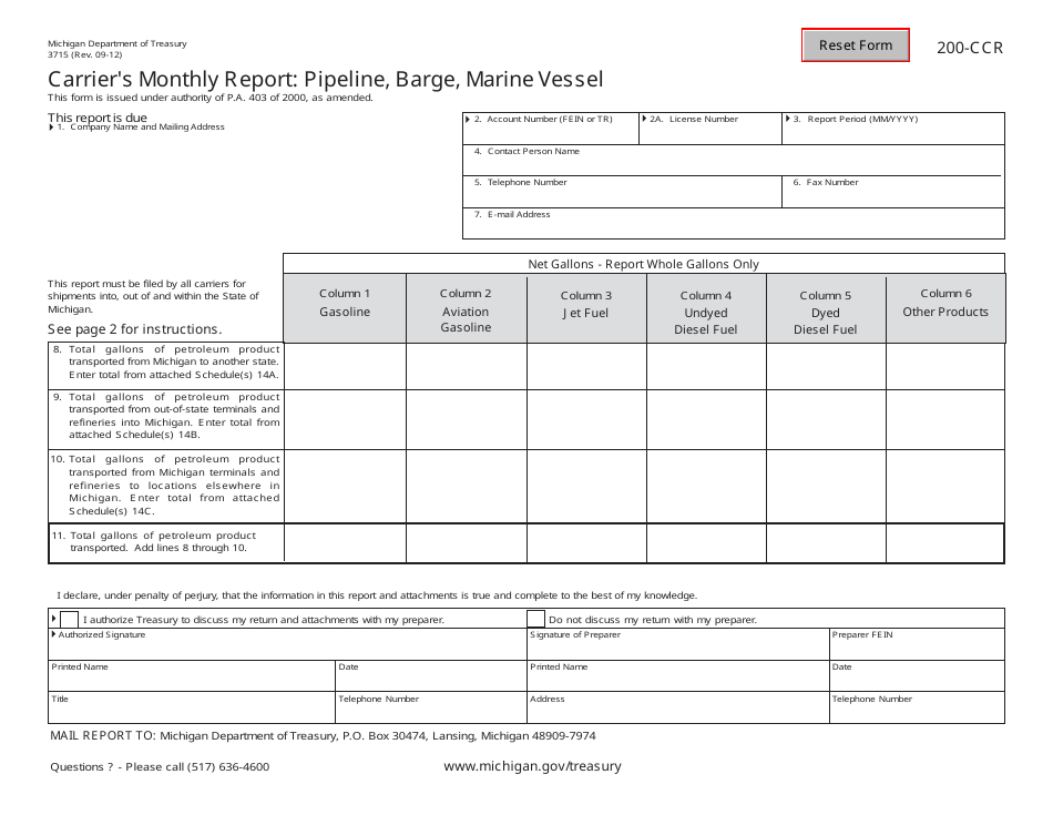 Form 3715 (200-CCR) Carriers Monthly Report: Pipeline, Barge, Marine Vessel - Michigan, Page 1