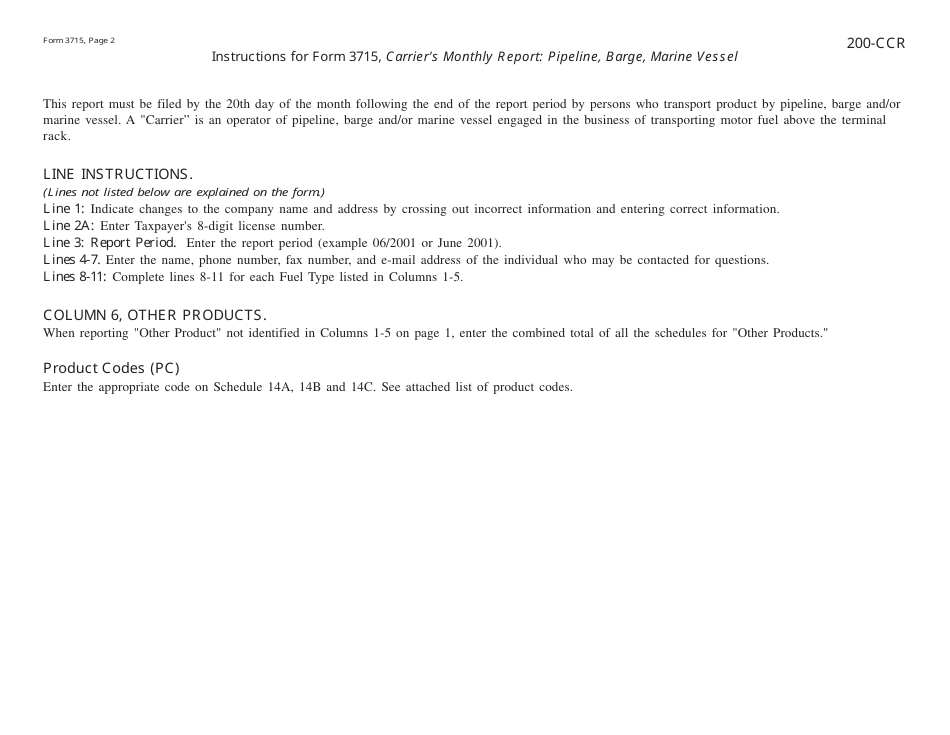 Form 3715 (200-CCR) Carriers Monthly Report: Pipeline, Barge, Marine Vessel - Michigan, Page 2
