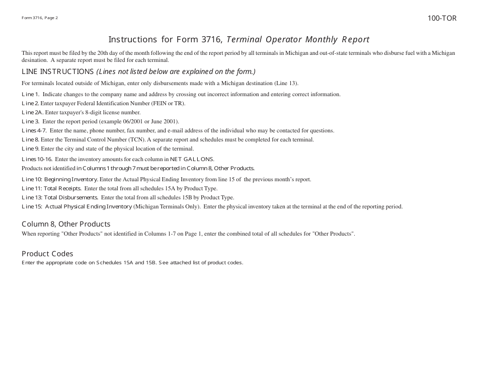 Form 3716 (100-TOR) Terminal Operator Monthly Report - Michigan, Page 2