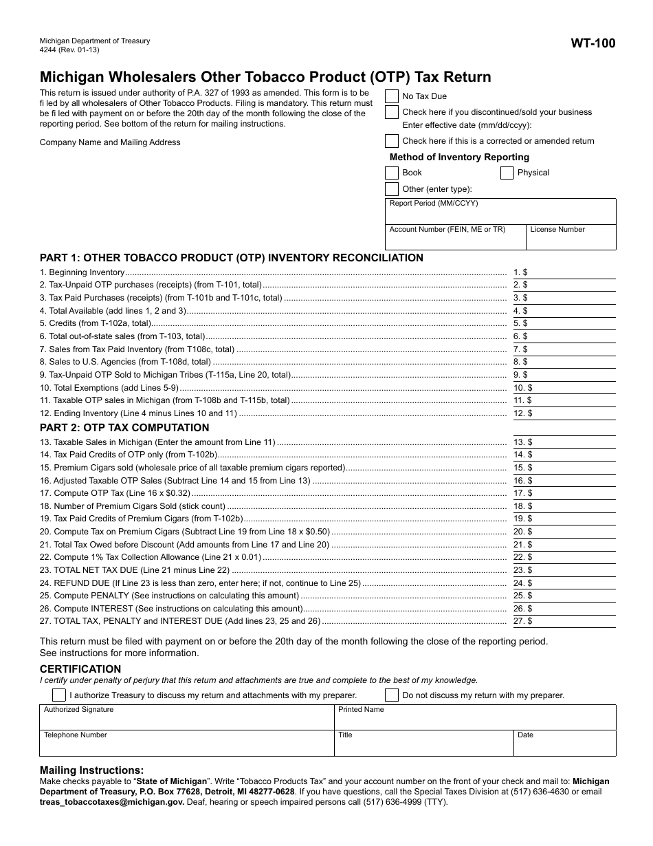 Form 4244 (WT-100) Michigan Wholesalers Other Tobacco Product (Otp) Tax Return - Michigan, Page 1