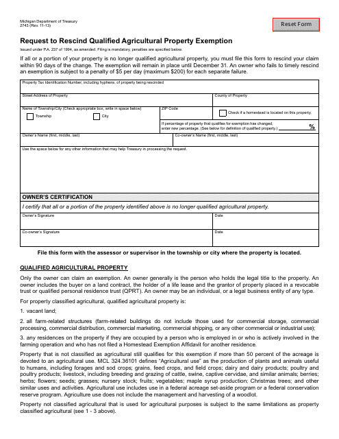 Form 2743 Request to Rescind Qualified Agricultural Property Exemption - Michigan