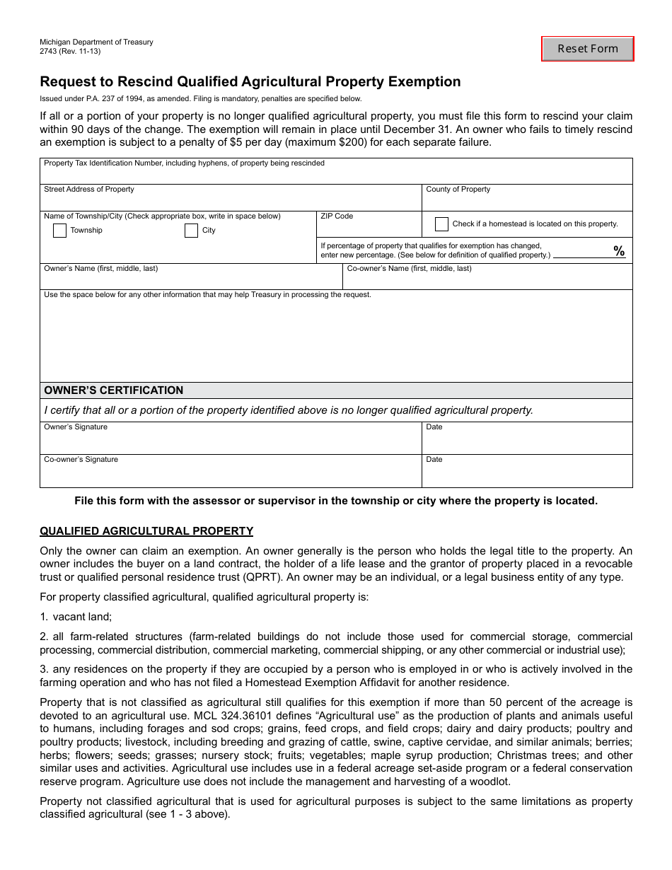Form 2743 Request to Rescind Qualified Agricultural Property Exemption - Michigan, Page 1
