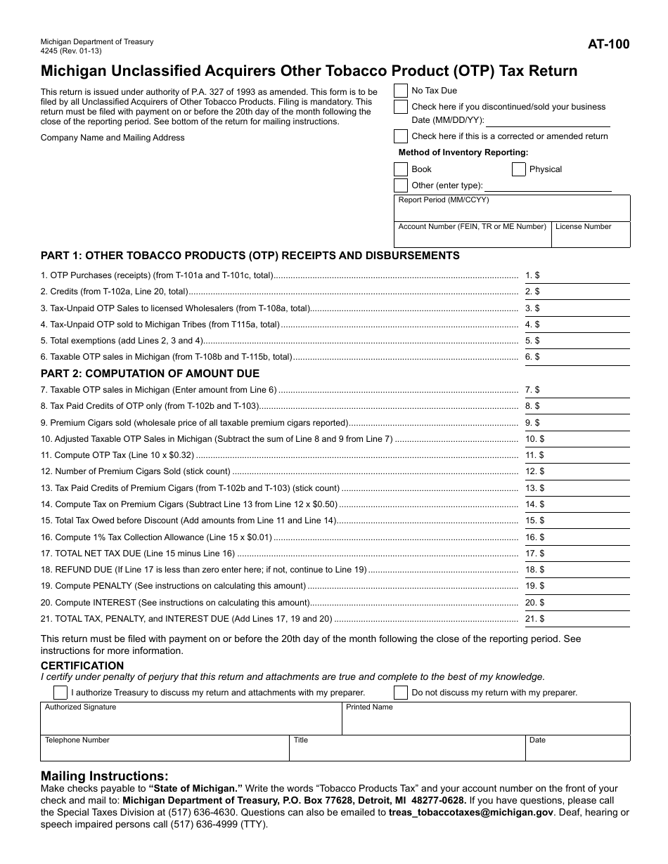 Form 4245 (AT-100) Michigan Unclassified Acquirers Other Tobacco Product (Otp) Tax Return - Michigan, Page 1