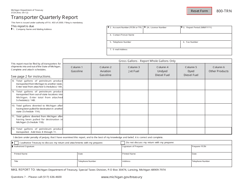 Form 3724 (800-TNR) Transporter Quarterly Report - Michigan, Page 1