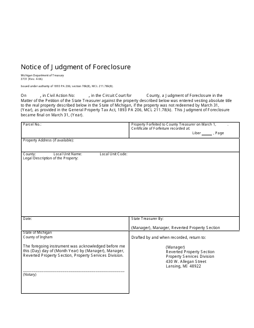 Form 3731 Notice of Judgment of Foreclosure - Michigan