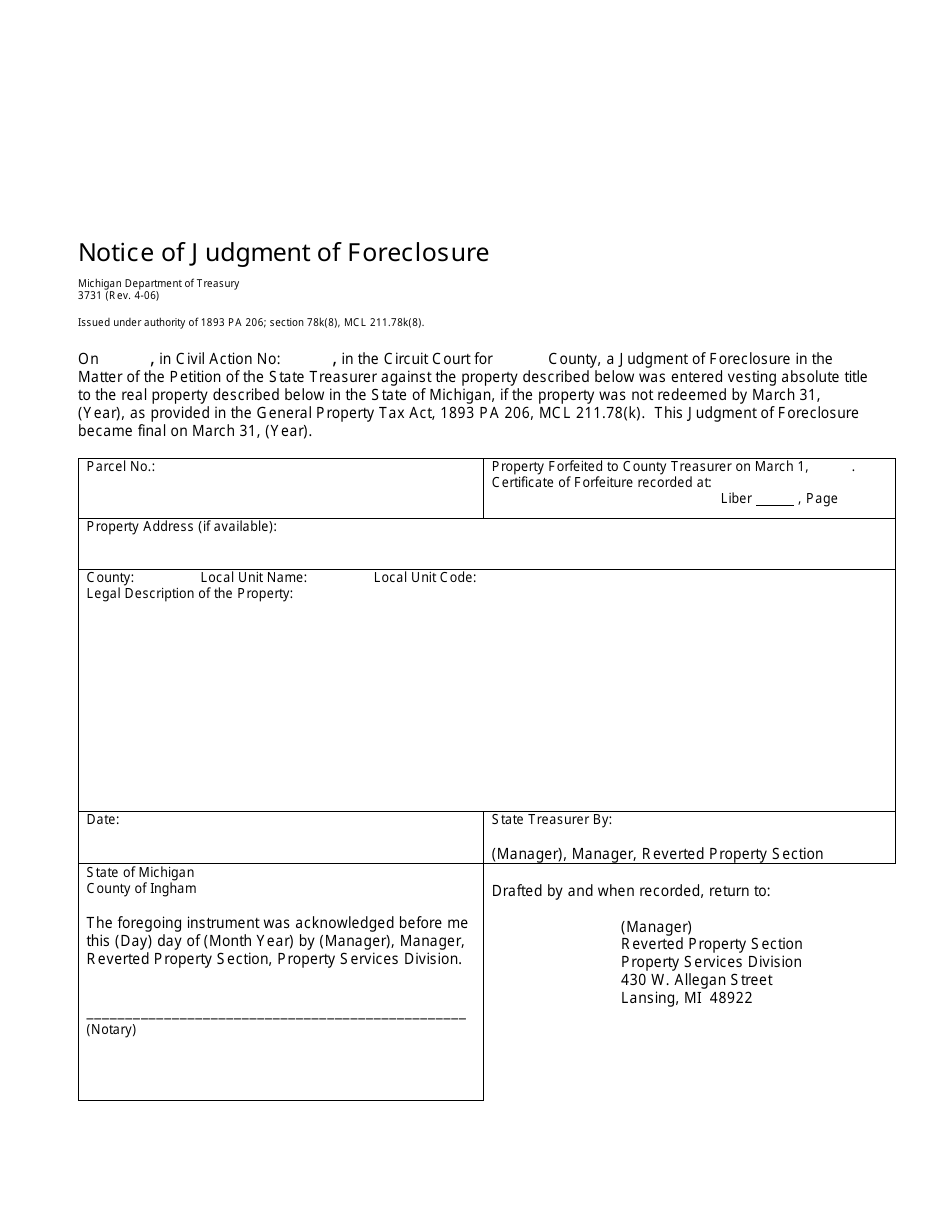 Form 3731 Notice of Judgment of Foreclosure - Michigan, Page 1