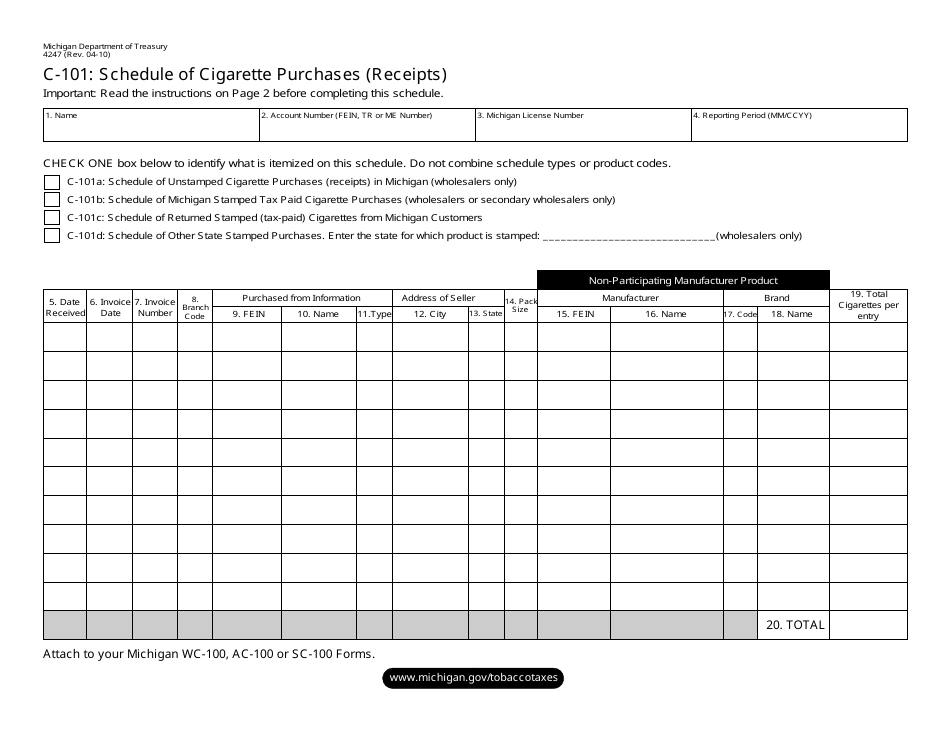 Form 4247 Schedule C-101 Schedule of Cigarette Purchases (Receipts) - Michigan, Page 1